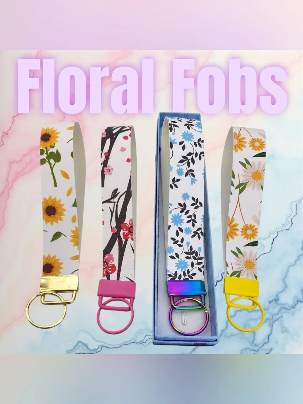 Friendly Floral Wristlet Keychain Fob Set | Gift Box Included- Vegan Leather
